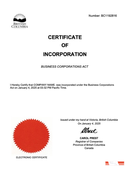 British Columbia certificate of incorporation Word and PDF template, version 2